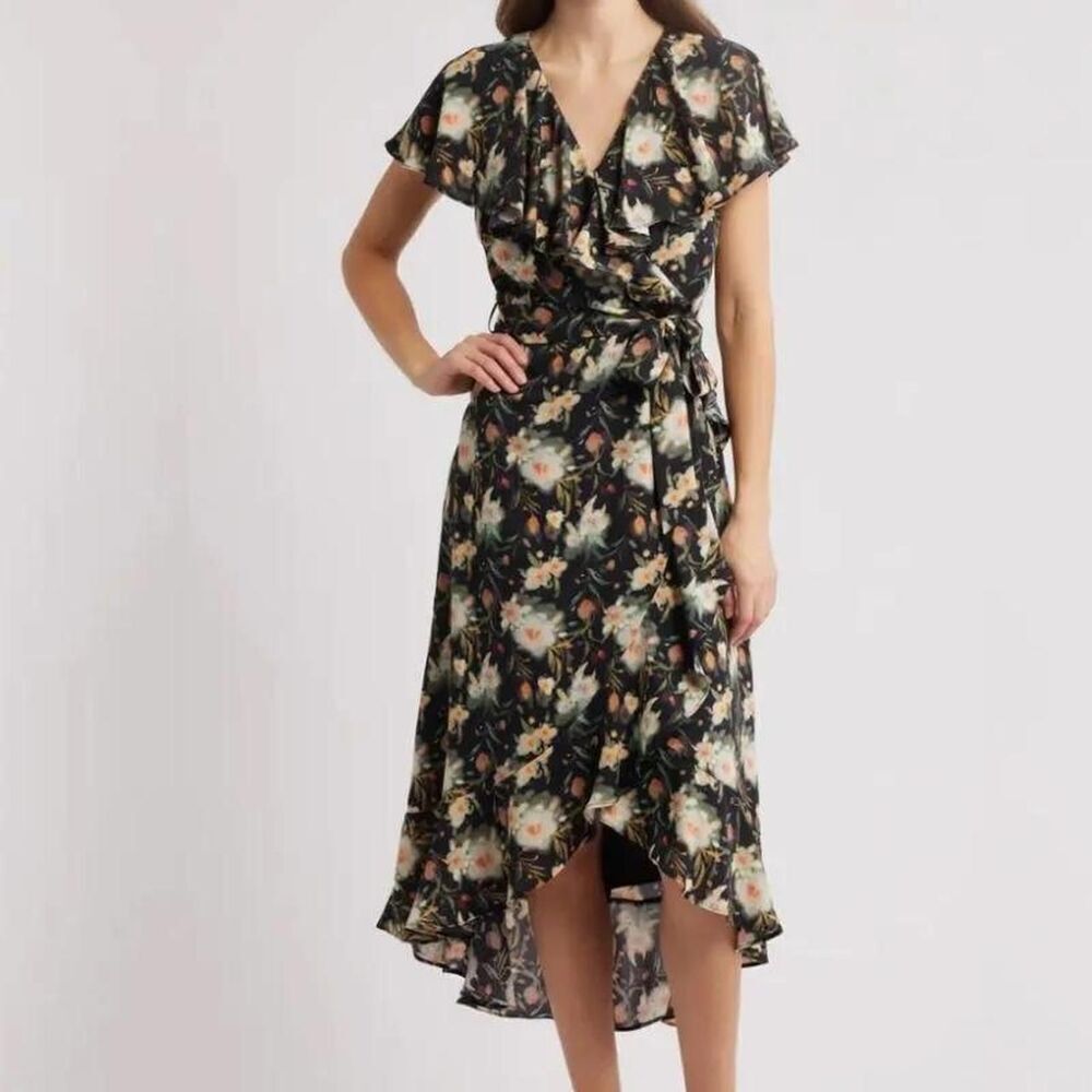 Chelsea28 Floral Wrap Dress Large NWOT Cottagecore Ruffle Asymmetrical Midi High